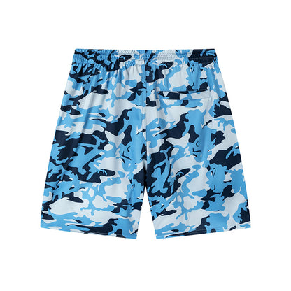 Blue Camo Drawstring Shorts, Elastic Waist Graphic Streetwear Casual Wear