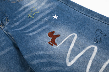 Unicorn Embroidery Wide Leg Denim Jeans High Waist Spiral Print Y2K Streetwear Casual Pants