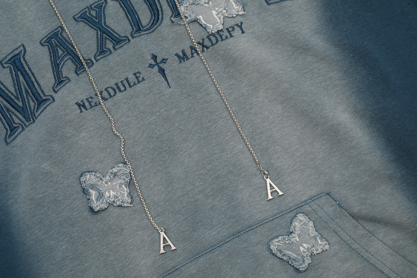 Butterfly Patch Embroidery Chain Drawstring Washed Hoodie Oversized Streetwear Y2K Grunge Casual Fall Winter Pullover Sweatshirt | Dusk Drift