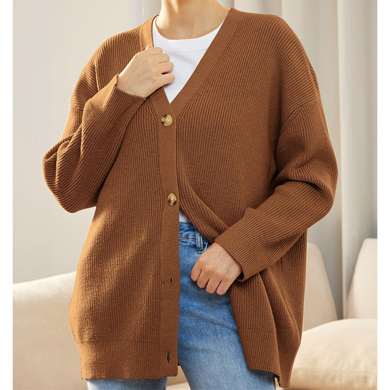 LILLUSORY Kvinnor Oversized Cardigan Tröja Höstoutfits Tyg Mode V-ringad Stickad Knapp Fram Casual Trendiga Toppar