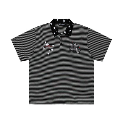 Striped Polo Short Sleeve Tee Star Collar Oversized Streetwear Summer Casual Top