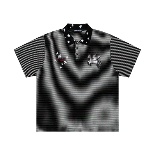 Striped Polo Short Sleeve Tee Star Collar Oversized Streetwear Summer Casual Top