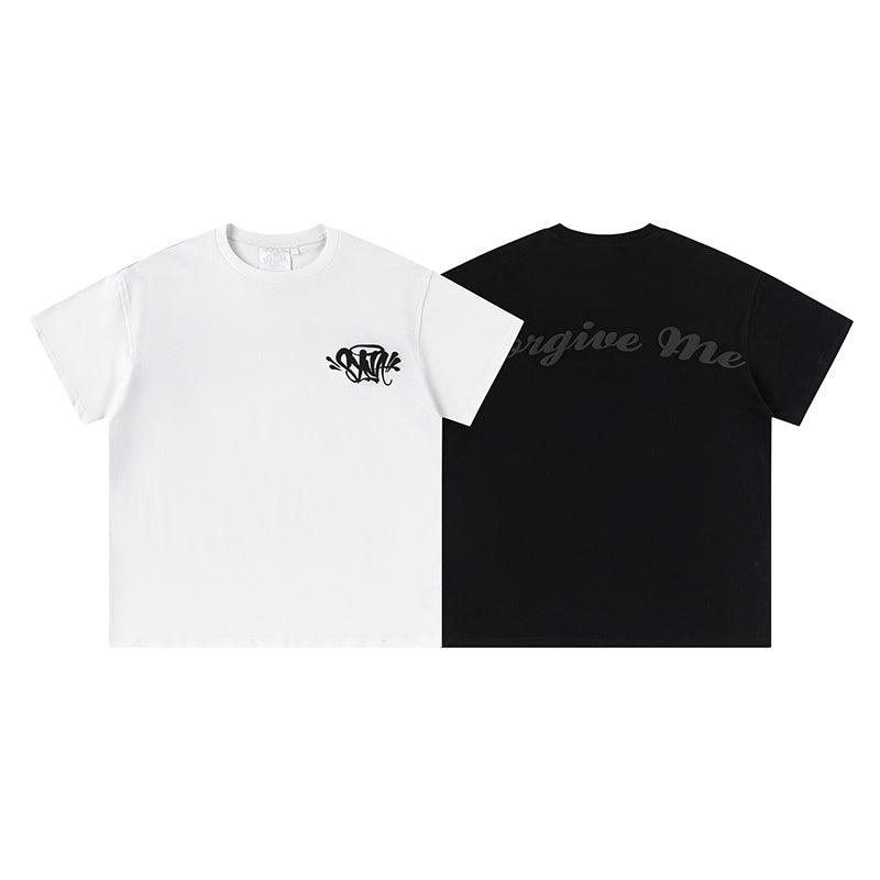 Black unisex graphic T-shirt with small chest print and Forgive Me back graphic - view 12