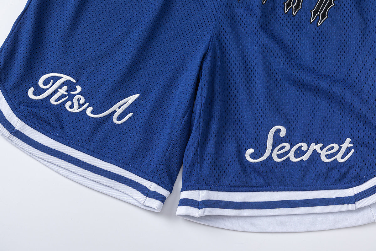 Blue graphic mesh basketball shorts with striped waistband and hem trim - view 12