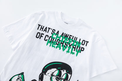 Unisex Graphic T-Shirt with Green Lettering, Cartoon Artwork and Crew Neck
