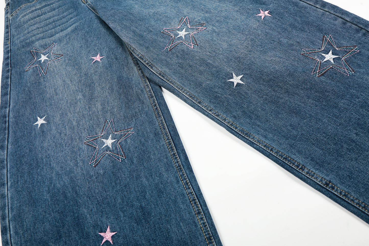 Star Embroidery Wide Leg Barrel Jeans High Waist Washed Y2K Streetwear Denim Pants
