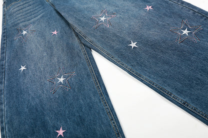 Star Embroidery Wide Leg Barrel Jeans High Waist Washed Y2K Streetwear Denim Pants