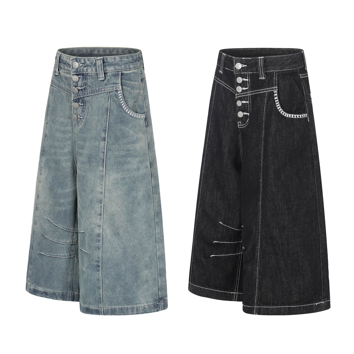 Women's Contrast Stitch 5-Button High Waist Wide Leg Denim Shorts Distressed Bermuda Y2K Streetwear Jean Shorts