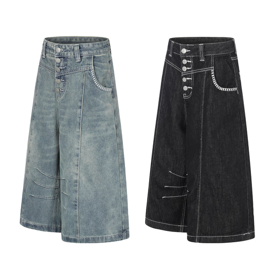 Women's Contrast Stitch 5-Button High Waist Wide Leg Denim Shorts Distressed Bermuda Y2K Streetwear Jean Shorts