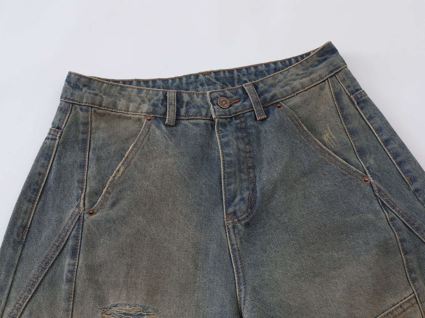 Heavy Ripped Multi-Panel Barrel Wide Leg Jeans Earth Tone Mud Wash Distressed Arc Seam High Waist Baggy Denim Trousers | Rip Arc