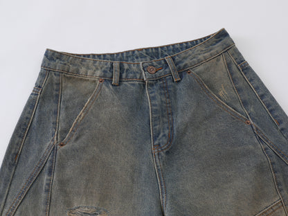 Heavy Ripped Multi-Panel Barrel Wide Leg Jeans Earth Tone Mud Wash Distressed Arc Seam High Waist Baggy Denim Trousers | Rip Arc