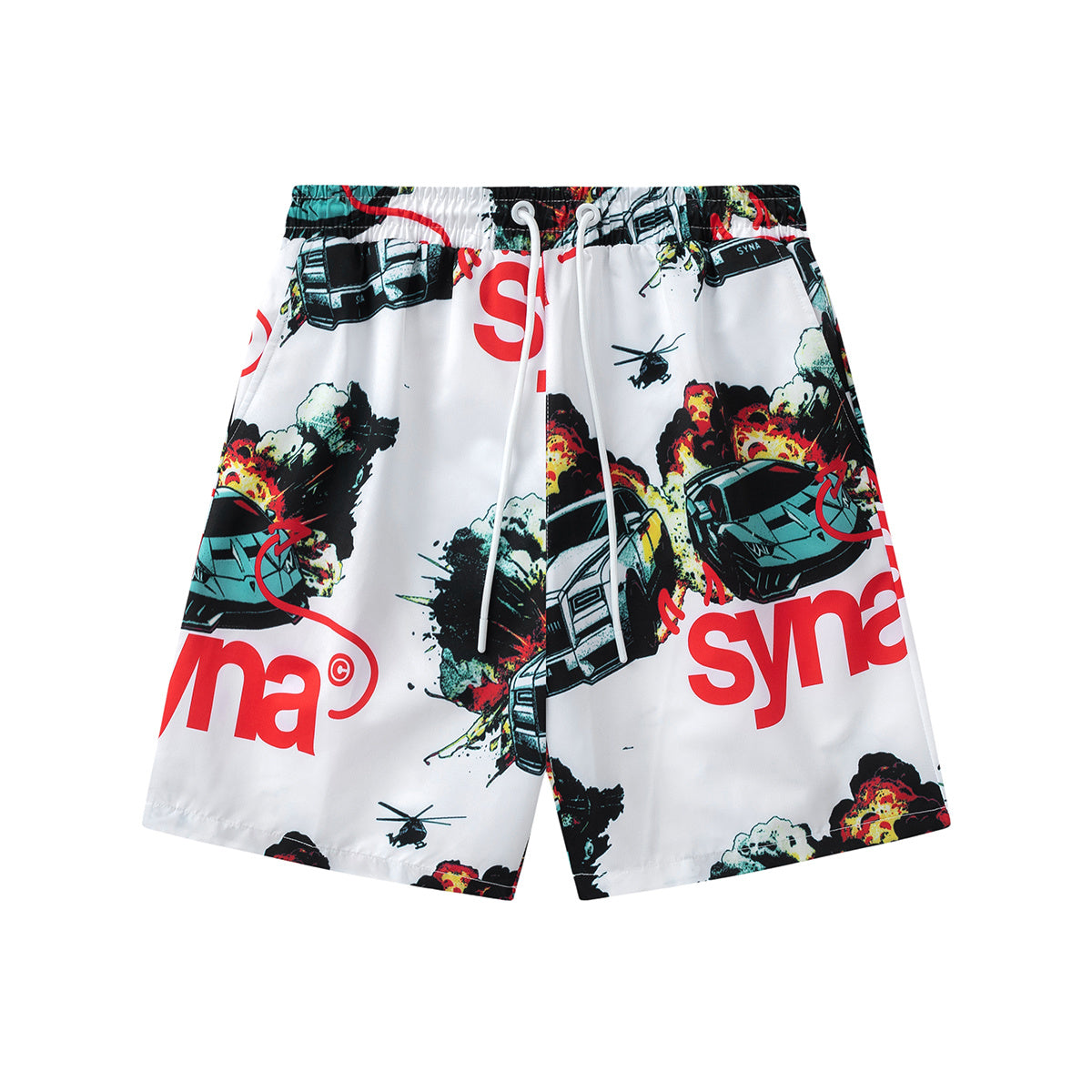 White graphic shorts with colorful cars, explosions, helicopters, elastic waistband, drawstring, and side pockets - view 12