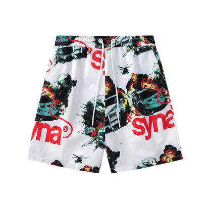 Unisex Graphic Shorts with Elastic Waist, Drawstring, Car Print and Side Pockets