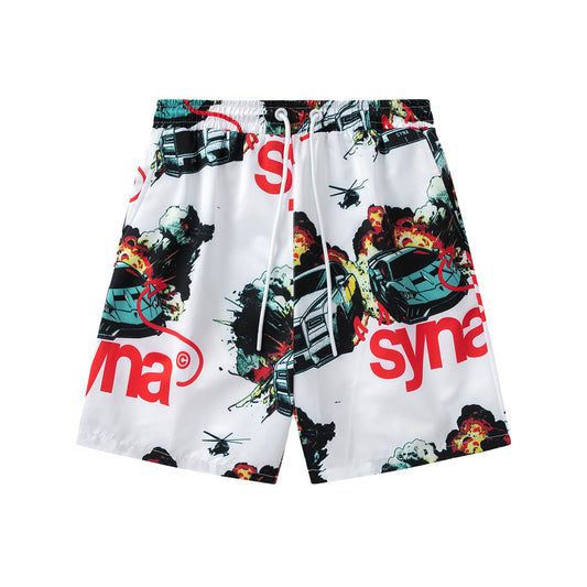 White graphic shorts with colorful cars, explosions, helicopters, elastic waistband, drawstring, and side pockets - view 12