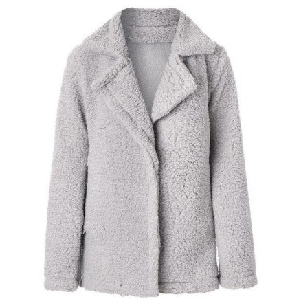 Damen Plüschjacke Einfarbig Wintermantel Vorne Offen Langarm Revers Kunstwolle Mantel Damen Wintermantel Eleganter Damenmantel