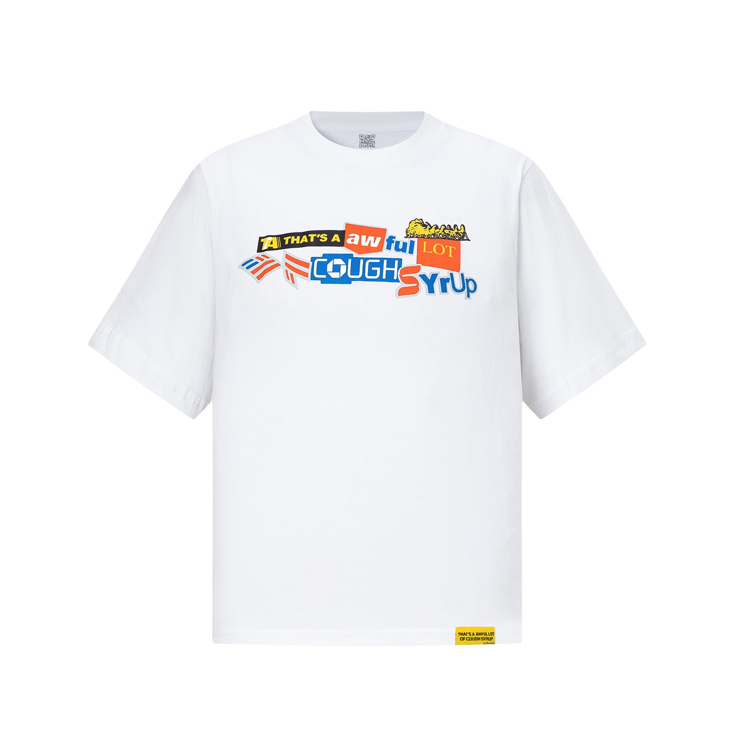 Adult graphic print crew neck T-shirt shown in black and white with colorful Cough Syrup typography - view 12