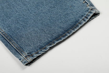 Severs Graffiti Letter Print Rivet Side Seam Wide Leg Barrel Jeans High Waist Washed Y2K Streetwear