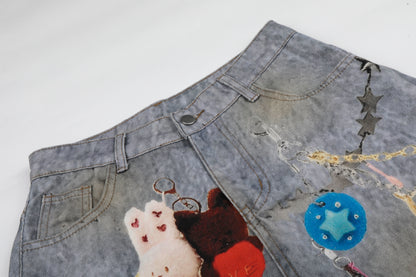 Women's Plush Doll Charm Chain Distressed Ripped Wide Leg Denim Jeans High Waist Beaded Y2K Streetwear Baggy Jeans