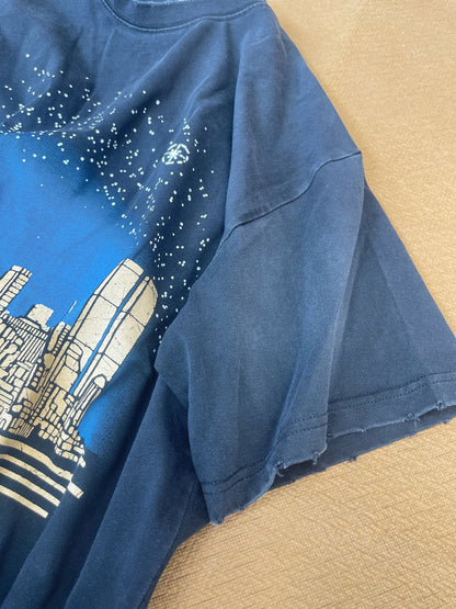 Satoshi Nakamoto NYC Skyline Moonrise Short Sleeve Tee Washed Navy 300g Heavy Stone Wash Cracked Print Streetwear | NYC Moonrise Tee