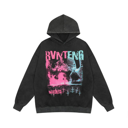Women's Oversized Angel Graphic Print Hoodie Long Sleeve Pullover Washed Streetwear Casual Fall Winter Sweatshirt