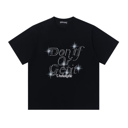 Don't Of Gem Rhinestone Script Oversized Tee Sparkle Stud Print Streetwear Short Sleeve T-Shirt