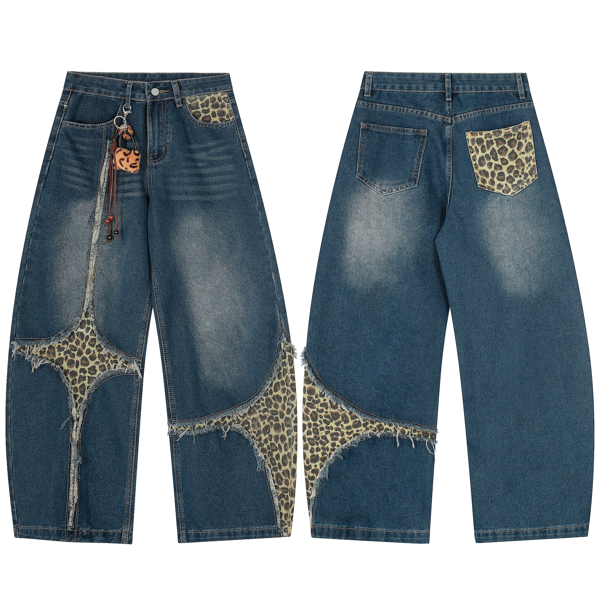 Leopard Patchwork Raw Edge Wide Leg Jeans - Blue Front Detail