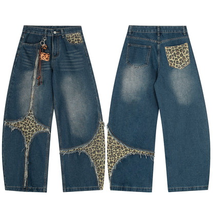 Leopard Patchwork Raw Edge Wide Leg Barrel Jeans Charm Pendant High Waist Washed Y2K Streetwear