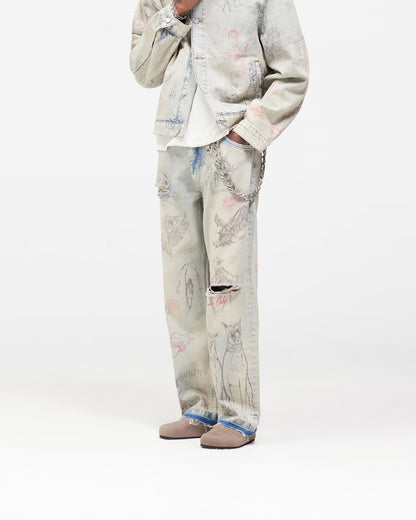 Represent Sketch Allover Print Wide Leg Jeans Heavy Washed Distressed Ripped Raw Hem Straight Denim | Rept Wide