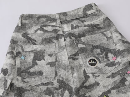 Snow Camo Cargo Shorts Teddy Bear Pendant Cartoon Patch Multi Pocket High Waist Casual Streetwear Baggy Shorts | Camo Bear