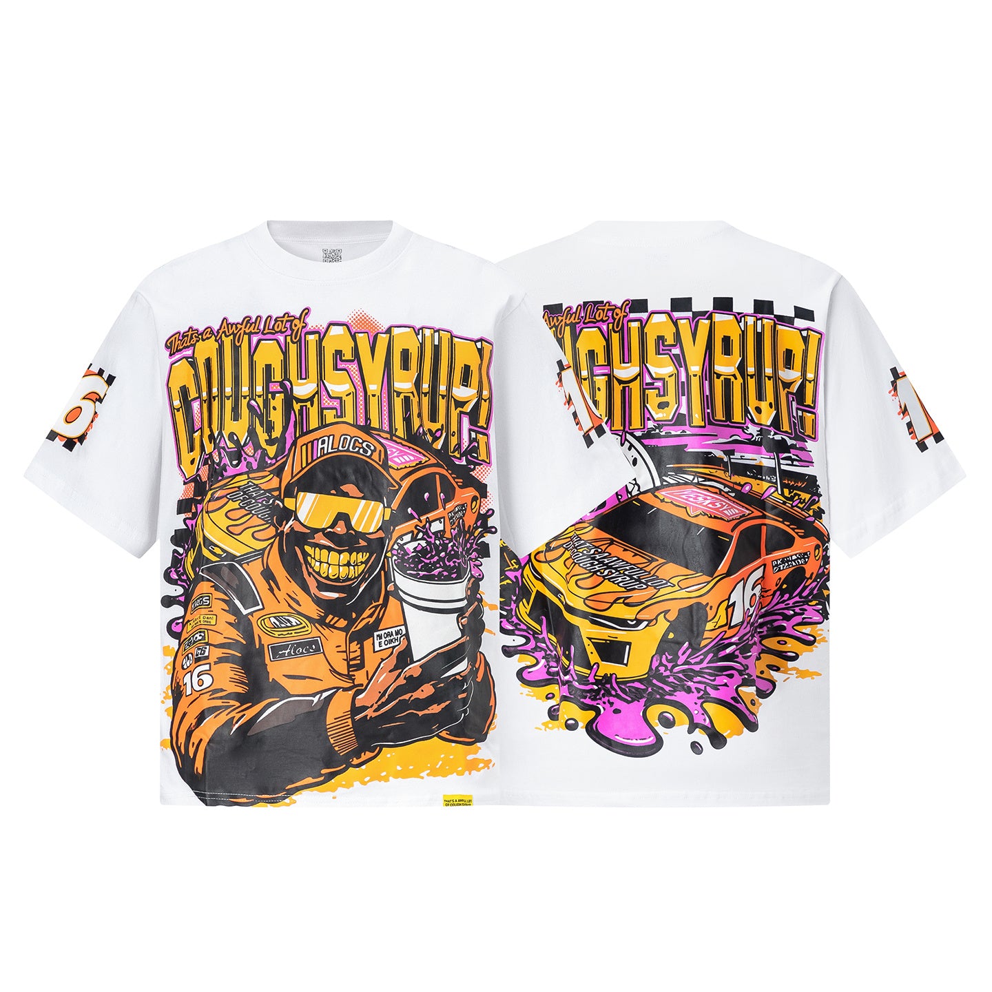 White unisex graphic T-shirt with colorful racing car print on the front and back - view 12