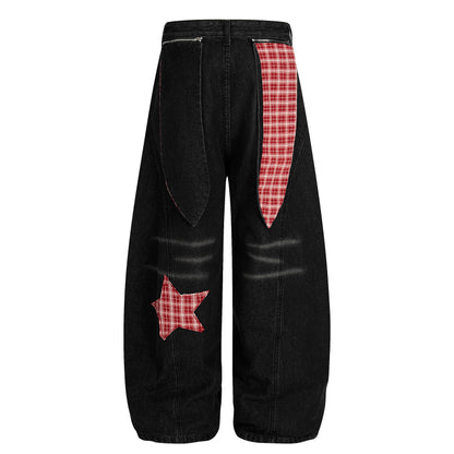 Women's Rvnteng Plaid Star Applique Patch Balloon Wide Leg Denim Jeans High Waist Vintage Wash Y2K Streetwear Baggy Jean Pants