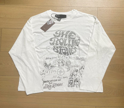 Rolling Stones Graphic Rhinestone Print Long Sleeve Oversized Tee Vintage Washed Cotton Retro Streetwear Top | Stone Drip