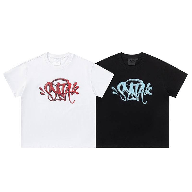 Black short sleeve crew neck T-shirt with light blue graffiti-style chest graphic - view 12