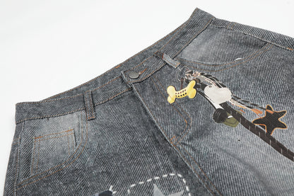 Women's Multi Patch Embroidery Charm Pendant High Waist Washed Denim Shorts Y2K Streetwear Bermuda Jean Shorts