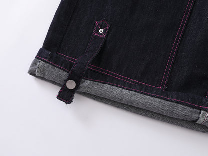 Heart Pocket Guitar Embroidery Wide Leg Denim Shorts Pink Stitch Button Fly Rhinestone Streetwear Baggy Jean Shorts | Rock Heart