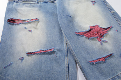 Light Blue Distressed Wide-Leg Cropped Denim Shorts
