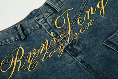 Women's RyntFeng Toysen Gold Script Floral Embroidery Balloon Wide Leg Denim Jeans High Waist Y2K Streetwear Baggy Jean Pants