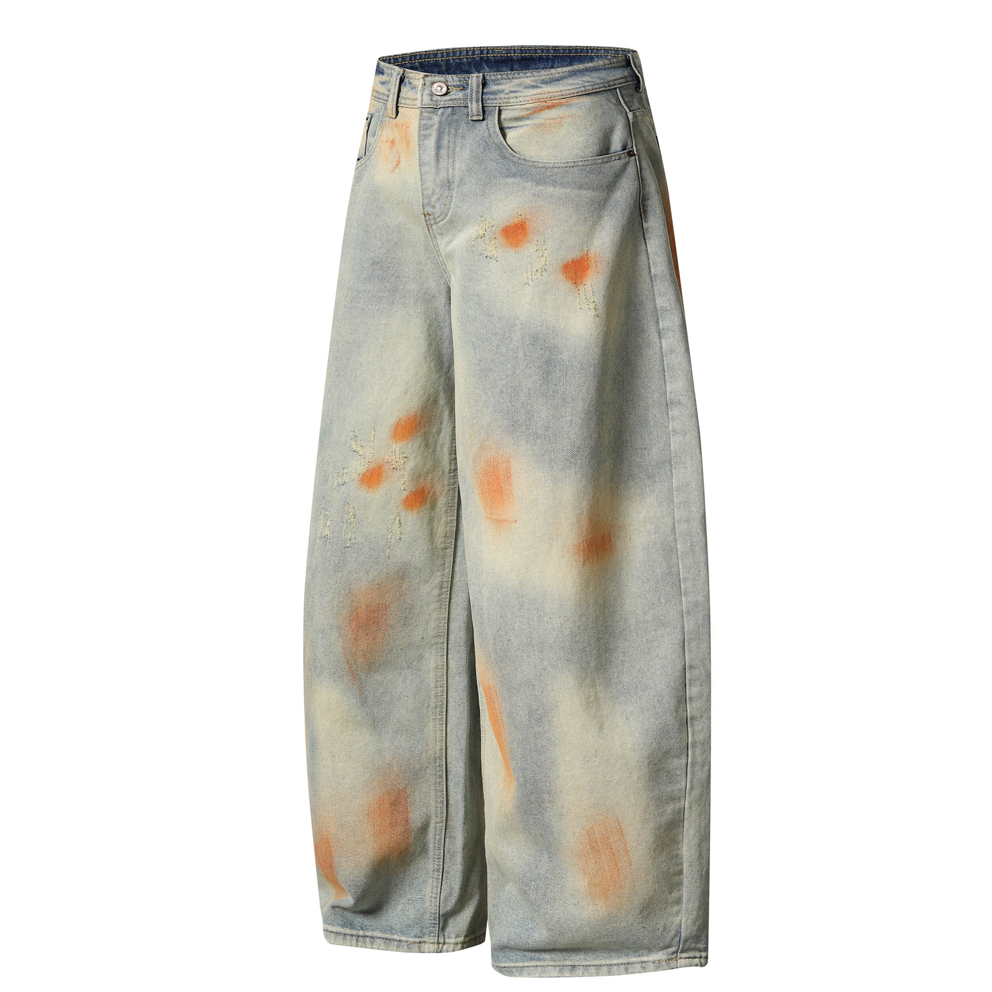 Tie dye orange splash wide leg baggy jeans front and back view