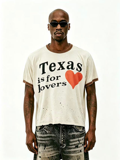 SECND SLF Texas Is For Lovers Ringer Tee Washed Cream Distressed Raw Hem Heart Print Vintage Western Streetwear | Texas Lover