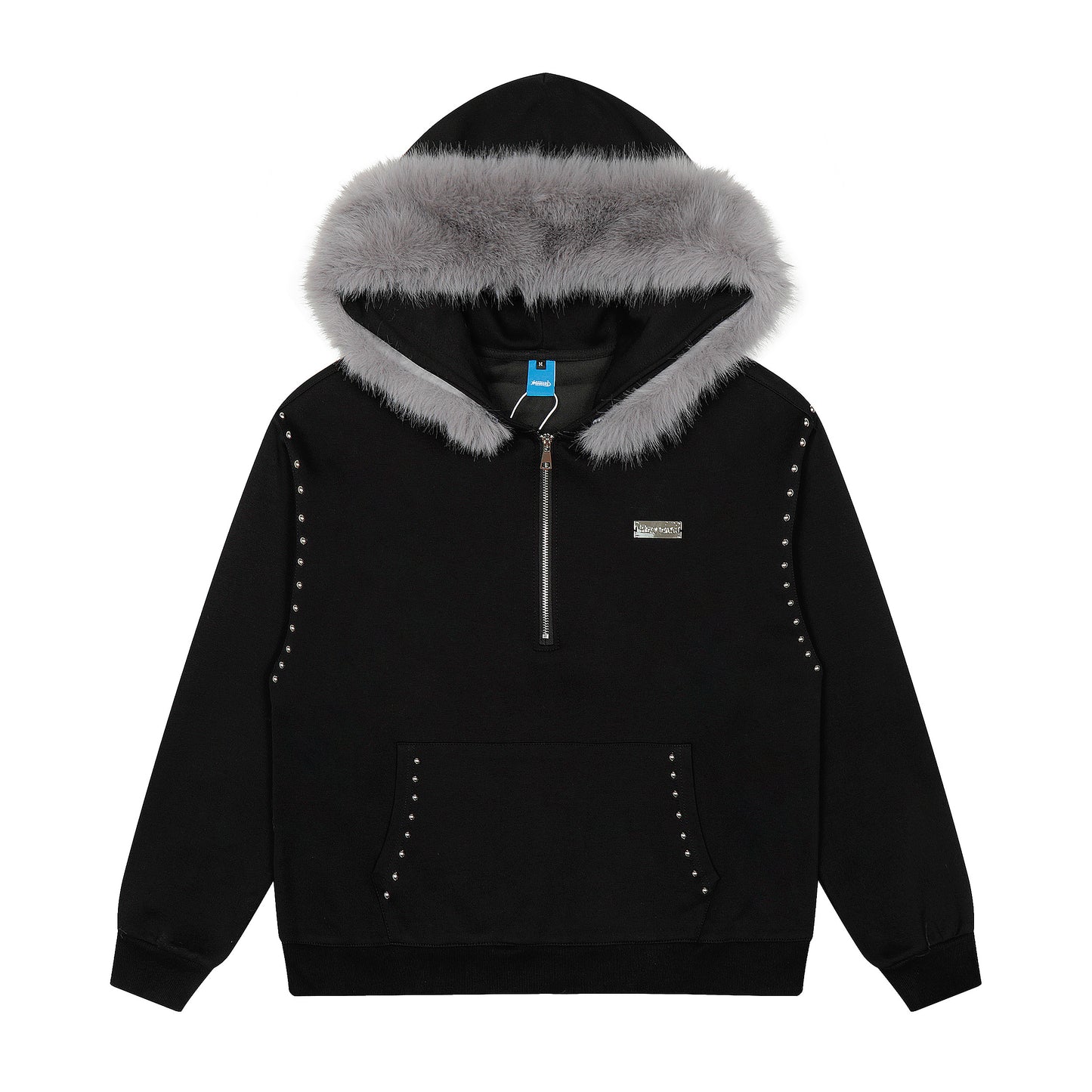 Faux Fur Hood Studded Half Zip Hoodie - Black Back