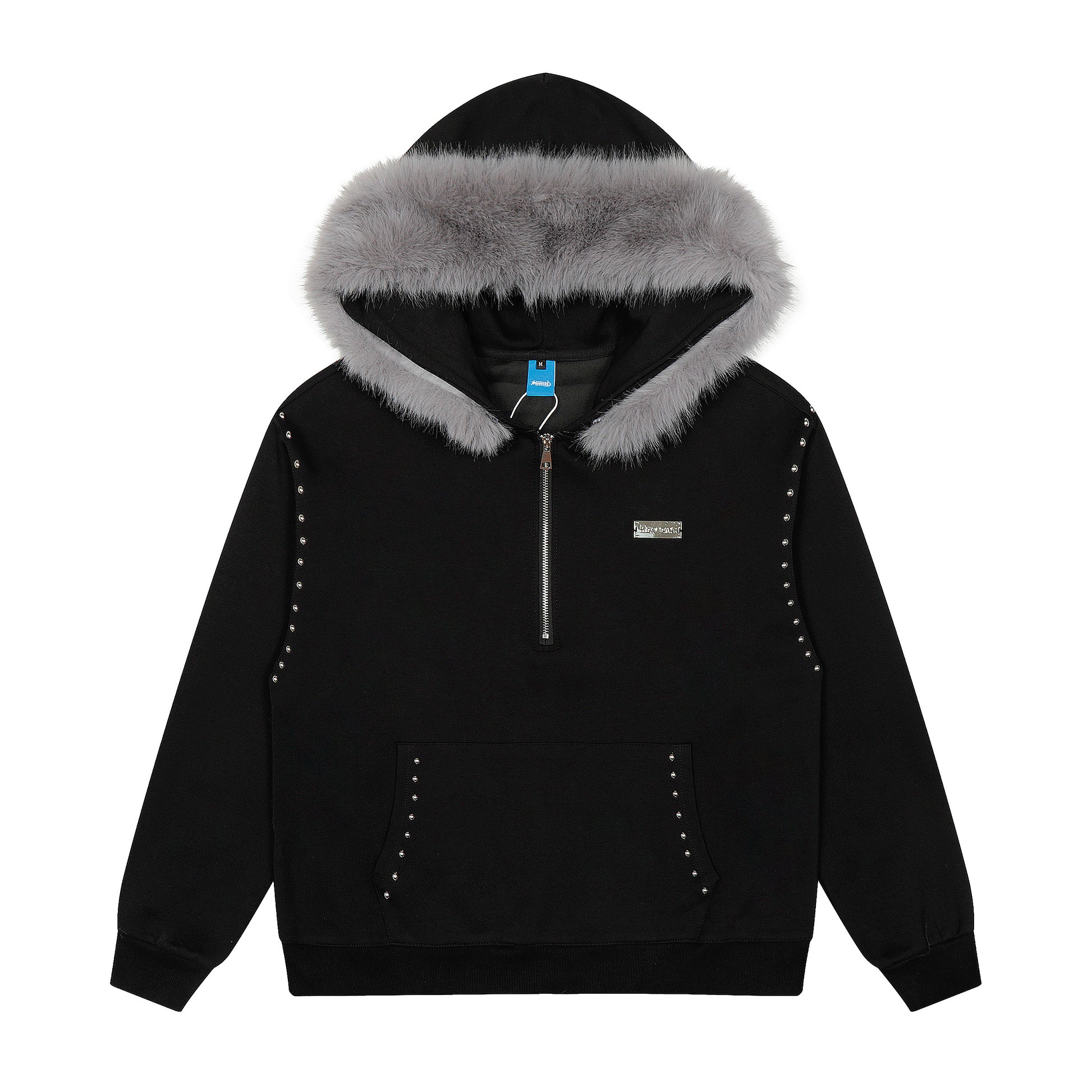Faux Fur Hood Studded Half Zip Hoodie - Black Back