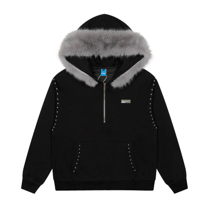 Faux Fur Hood Trim Studded Half Zip Hoodie Metal Badge Oversized Streetwear Y2K