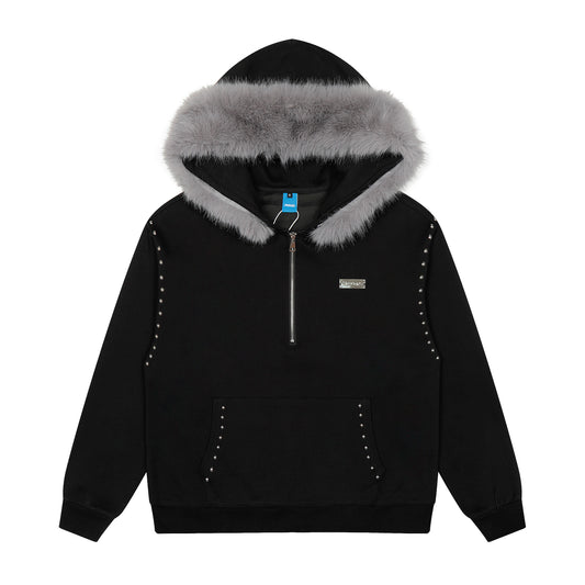 Faux Fur Hood Studded Half Zip Hoodie - Black Back