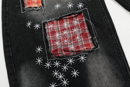 Red Plaid Patch Star Embroidery Wide Leg Jeans Washed Denim Patchwork Baggy Y2K Streetwear