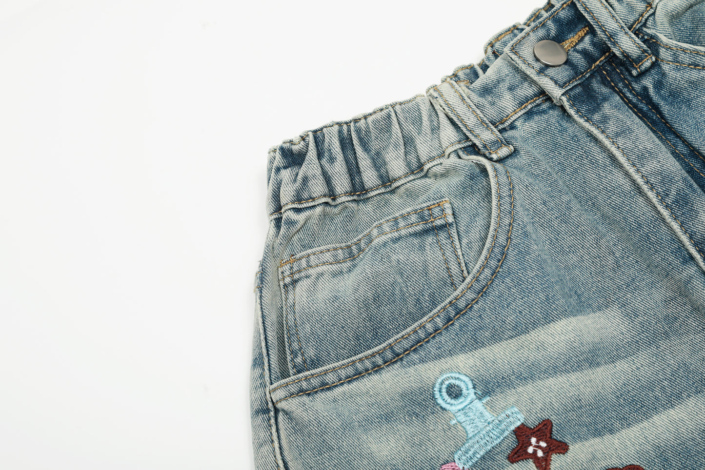 Cartoon Embroidery Scatter Patch Wide Leg Jeans Elastic Waist Washed Denim Bear Star Bow Y2K Harajuku
