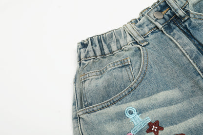Cartoon Embroidery Scatter Patch Wide Leg Jeans Elastic Waist Washed Denim Bear Star Bow Y2K Harajuku
