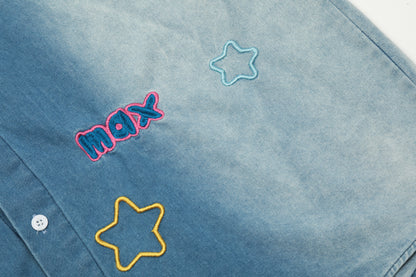 Geesas Na Max Colorful Star Embroidered Washed Denim Short Sleeve Shirt Oversized Button Down Y2K Streetwear Summer Top | Star Na