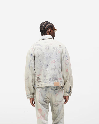 Represent Sketch Allover Print Denim Jacket Heavy Washed Distressed Oversized Short Trucker Streetwear | Rept Sketch