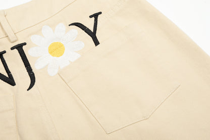 Women's ENJOY Daisy Flower Embroidery High Waist Wide Leg Shorts Casual Streetwear Summer Bermuda Shorts