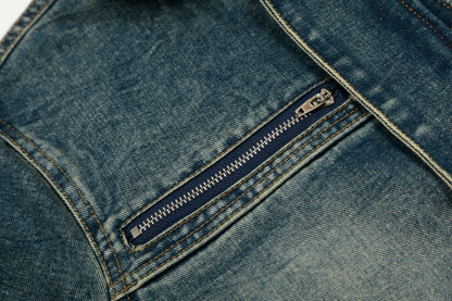 Stand Collar Zip Denim Jacket Washed Vintage Streetwear Oversized Y2K Casual Moto Coat | Indigo Moto